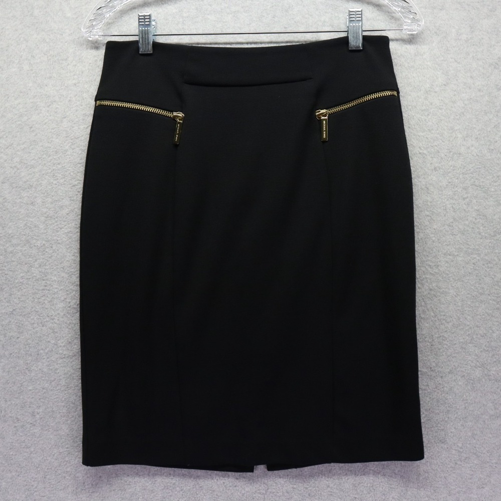 Michael Kors Skirt Womens 2 Pencil Straight Lined Gold Zipper Stretch Flex Black